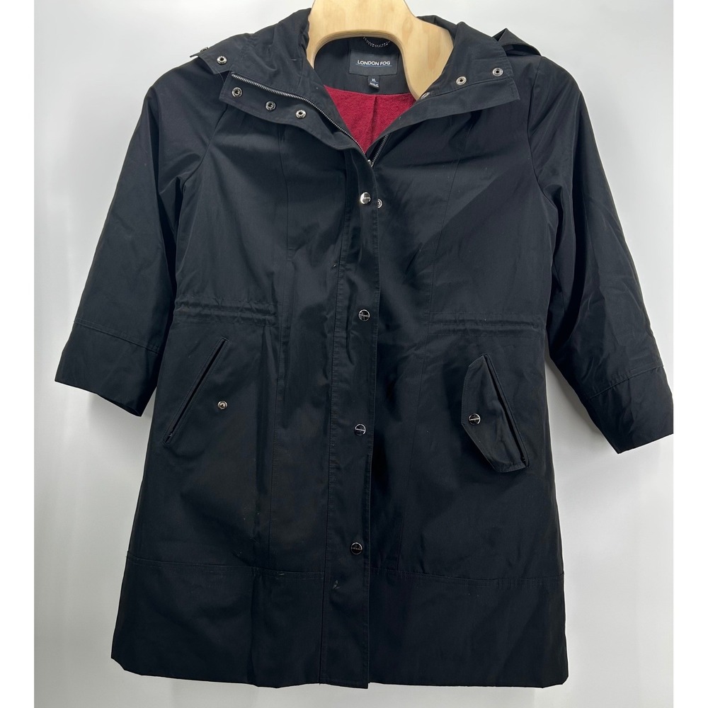 London Fog Raincoat Womens XL Black Hooded Fleece Lined 3/4 Sleeve Jacket